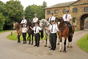 Police horses Roman, Ranger, Reg and Alfie on duty before their retirement. Photo courtesy of The Horse Trust press release.
