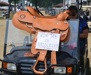 Susan Dempze driving the            Bridleless Western Pleasure          "Prize-mobile!"  Photo courtesy of NSBA.