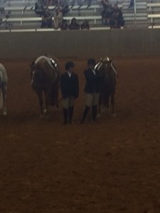 Team USA's Kalee McCann wins Gold medal with KC Fanfair in both goes of hunt seat equitation,  and Ali Fratessa wins the 4th place medal for the USA! Left to right  Ali Fratessa, Kalee McCann waiting for placings in the equitation class at the Youth World Cup. Photo courtesy of Ali Fratessa.