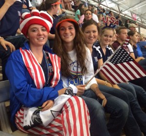 Left to right  watching the reining at the Youth World Cup are TEAM USA members Ali Fratessa (impersonating team manager Suzy Jeane and Team USA alumni Sarah Ann Pendergraft (impersonating team coach Nancy Cahill) along with team members Graysen Stroud and Carli Pitts. Photo courtesy of Ali Fratessa. 