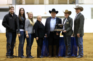 Kyle Leeman, Chelsea Martz, Katsy Leeman, Carole Leeman and Fritz Leeman with Chris Cecil Darnell and Dr. Scott Myers during hte OQHA Hall of Fame ceremoney at the Congress.