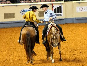 World Champion Rusty Green and Reserve World Champion Shane Dowdy shake hands 