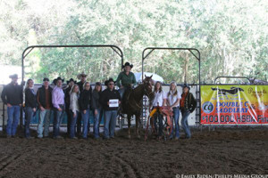 Morgan Holmes and Mutt accept their awards as the Non Pro Two Rein champions 