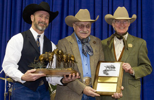 Vice President for Cowboy Publishing Tyler Morris (left) presents the Western Horseman Award to Dick Pieper. Also on hand was Edward P. Bass (right), chairman of the Fort Worth Stock Show board of directors. Photo by Ross Hecox.