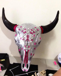This 20" x 22.5 " horn spread steer skull has been donated by Ashley Wood.  "I would like to donate it in honor of my mother, Malia Morris. Three time breast cancer survivor with beating it the first time after finding it in stage four. 17 surgeries later and still going strong!"