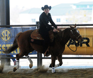 Allie Dusha competes in Western Reining- Georgia vs Auburn Equestrian on Saturday, February 14, 2015 in Auburn, Ala.  Photo Credit: Anthony Hall/Auburn Athletics