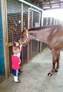 Horse show hugs from Kennedy Harper and Corbyn Loner to "Savannah," owned by Lisa Witherite.