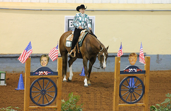 Hillary and Trump Make Appearance on Tim Kimura Trail Course at AQHYA World Show