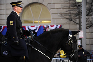 A sergeant 1st class from the 3rd U.S. Infantry Regiment "The Old Guard" Caisson Platoon parades his horse down Pennsylvania Avenue during the 57th Presidential Inaugural Parade in Washington, Jan. 21, 2013. Military involvement in the presidential inauguration dates back to April 30, 1789, when members of the U.S. Army, local militia units and revolutionary war veterans escorted George Washington to his first inauguration ceremony (U.S. Army photo by Spc. David M. Sharp/Released)