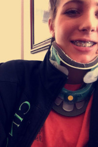 Josey with her neck brace and her jaw wried shut after the car accident in 2016.