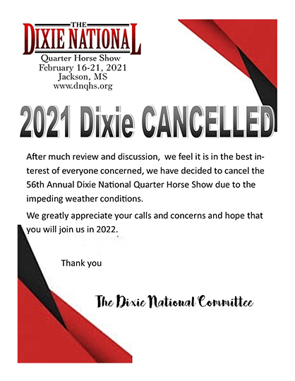 2021 Dixie National Quarter Horse Show Cancelled