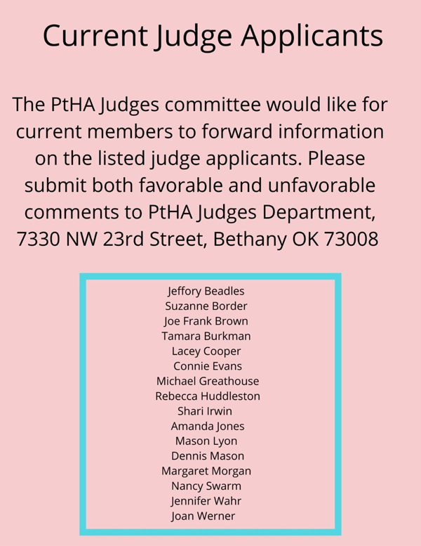 PtHA Requests Feedback on Newest Judge Applicants