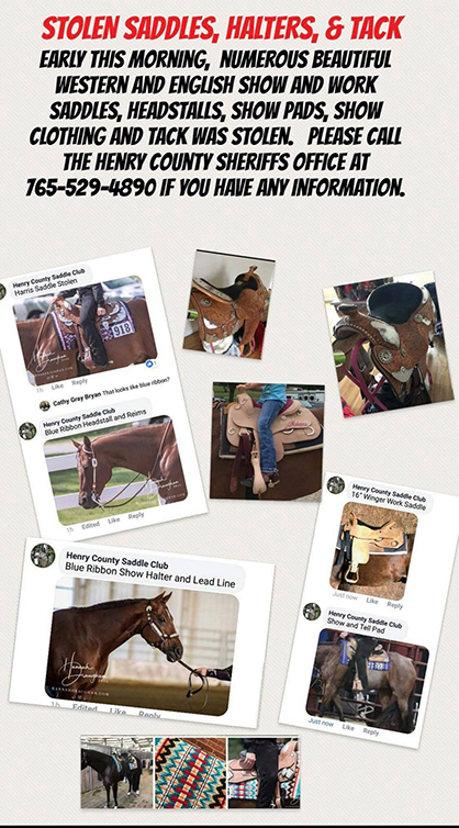 Authorities Believe More Than $150,000 in Tack Stolen From IN Horse Show Was Result of “Targeted Attack”